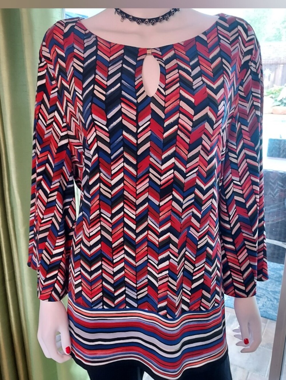 Chevron Stripe Keyhole Tunic in Red, Blue, White w Bell Sleeve. Chico's (3) XL